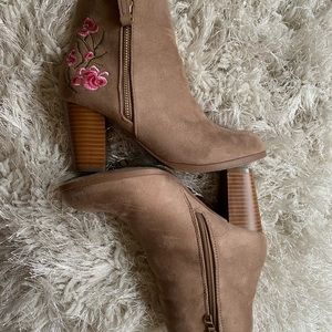 Tan ankle booties with embroidered flowers